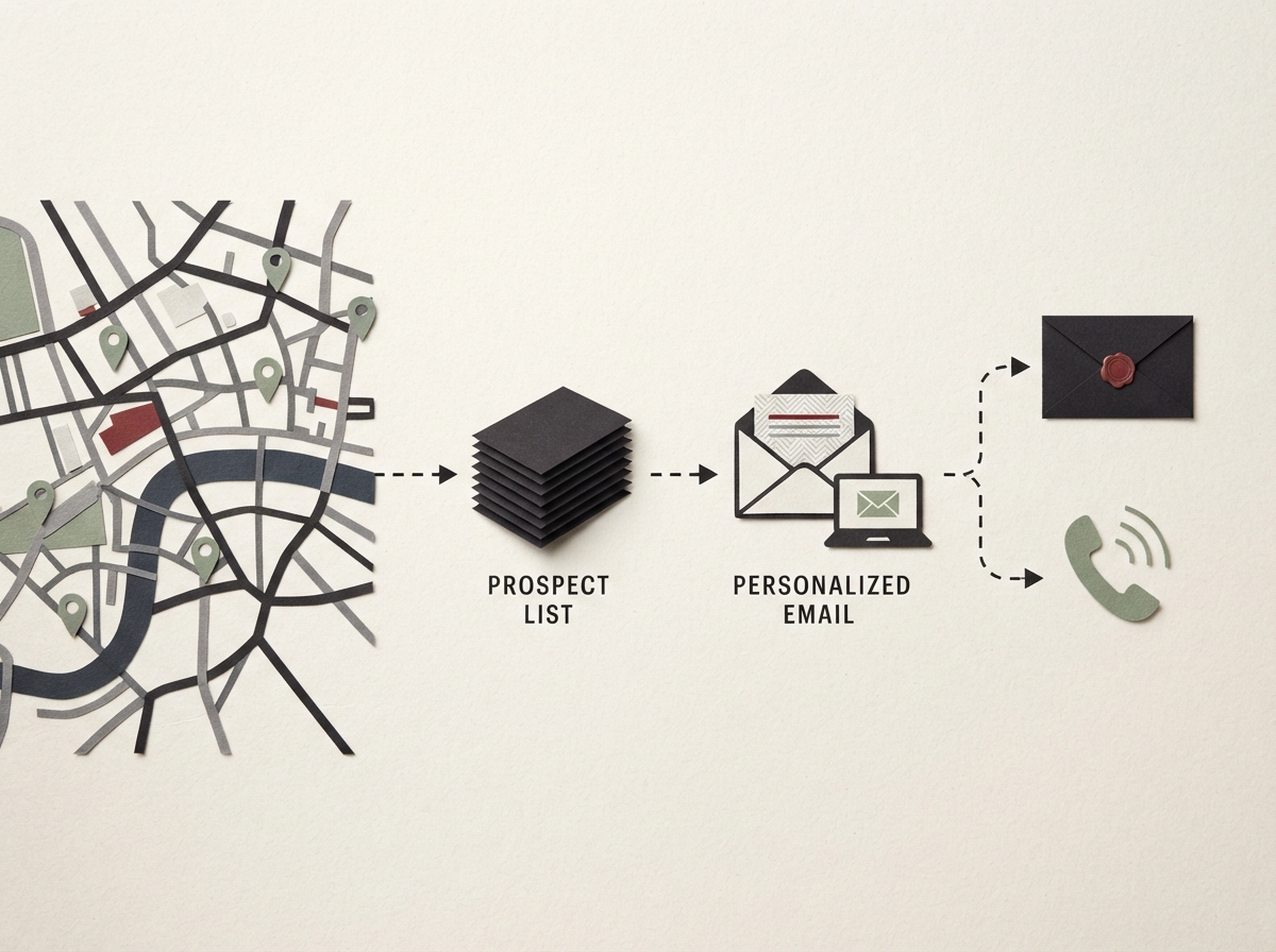Illustration of local prospect research leading to email replies, calls and new concrete projects