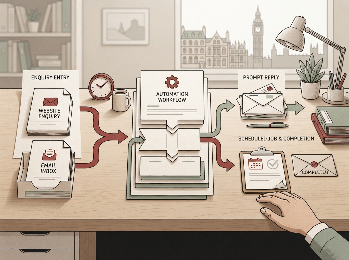Editorial illustration of a business enquiry becoming a prompt reply, scheduled job and completed client journey