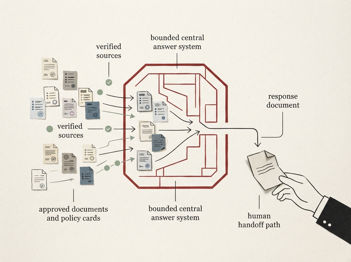 Editorial illustration of verified business documents feeding a bounded answer system with human handoff