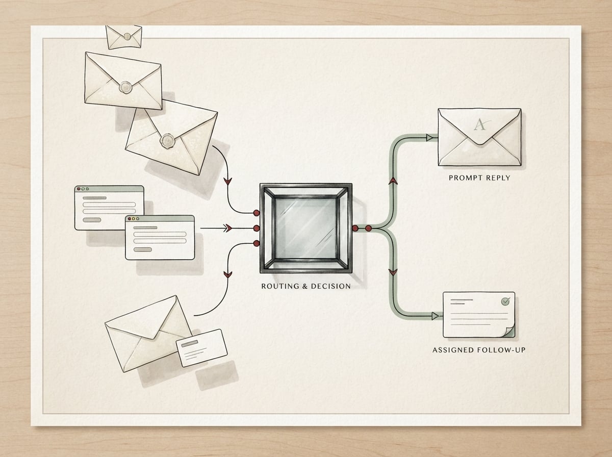Editorial illustration of enquiries being routed into prompt replies and assigned follow-up