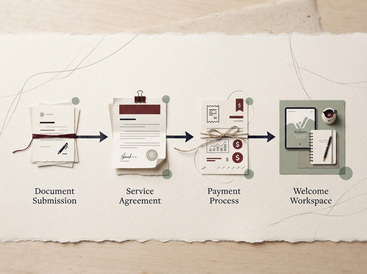 Editorial illustration of a client moving through documents, agreement, payment and welcome