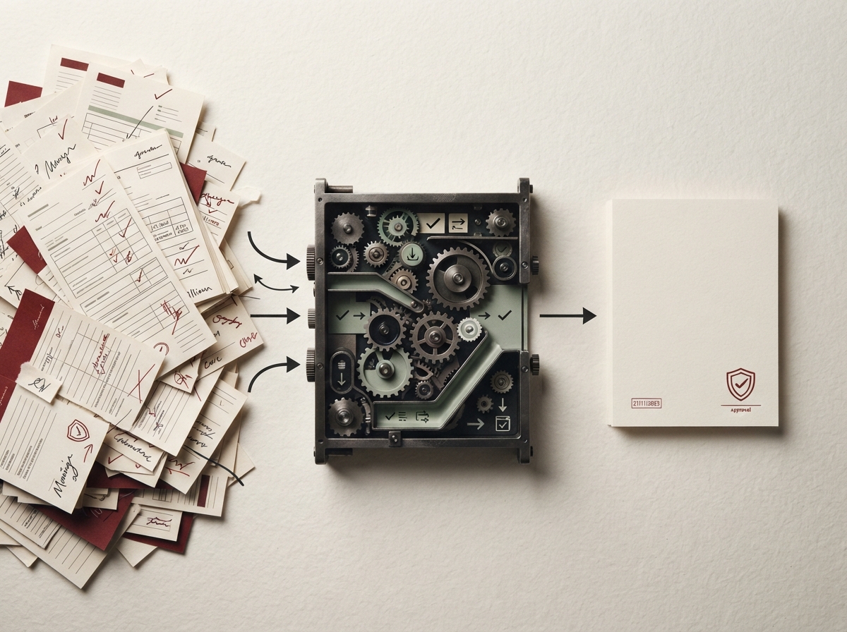 Editorial illustration of repetitive paperwork becoming one controlled completed record