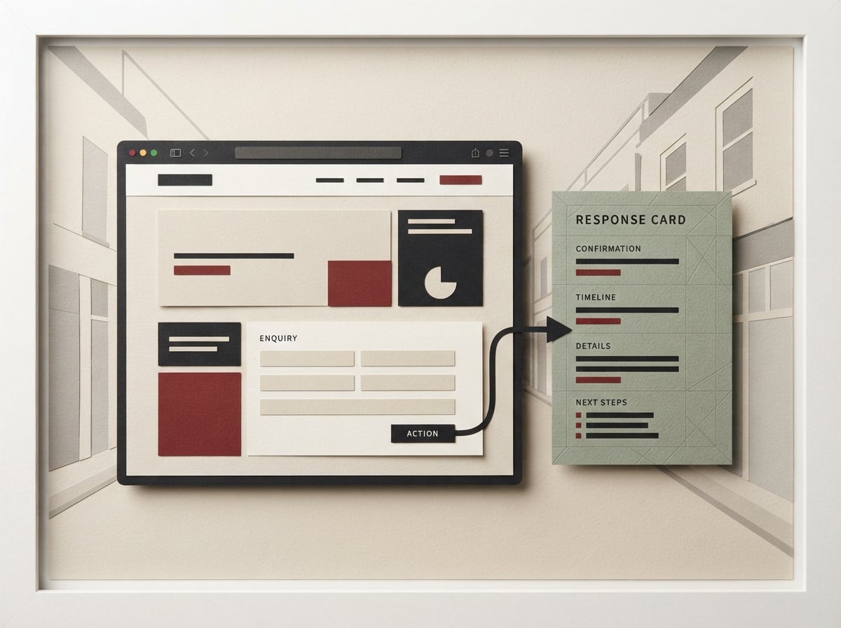 Editorial illustration of a business website leading an enquiry into an organised response